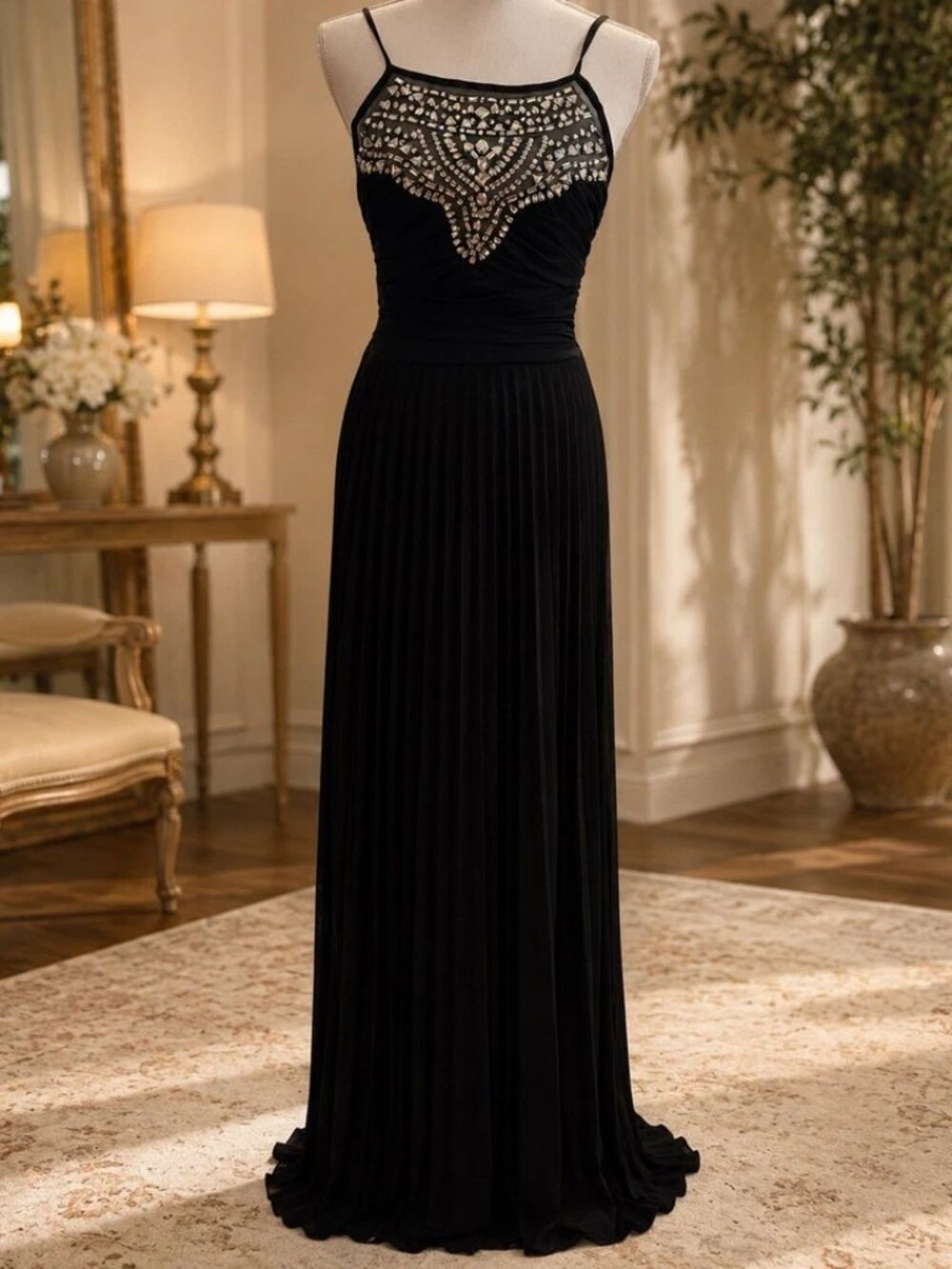 B. Darlin Black Chiffon Beaded Pleated Long Gown Scoop Neck Juniors 3/4